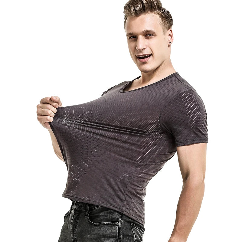 2PCSIce silk mesh T-shirt for men, breathable mesh with perforated fabric, sports and fitness, dry, loose V-neck, trendy m