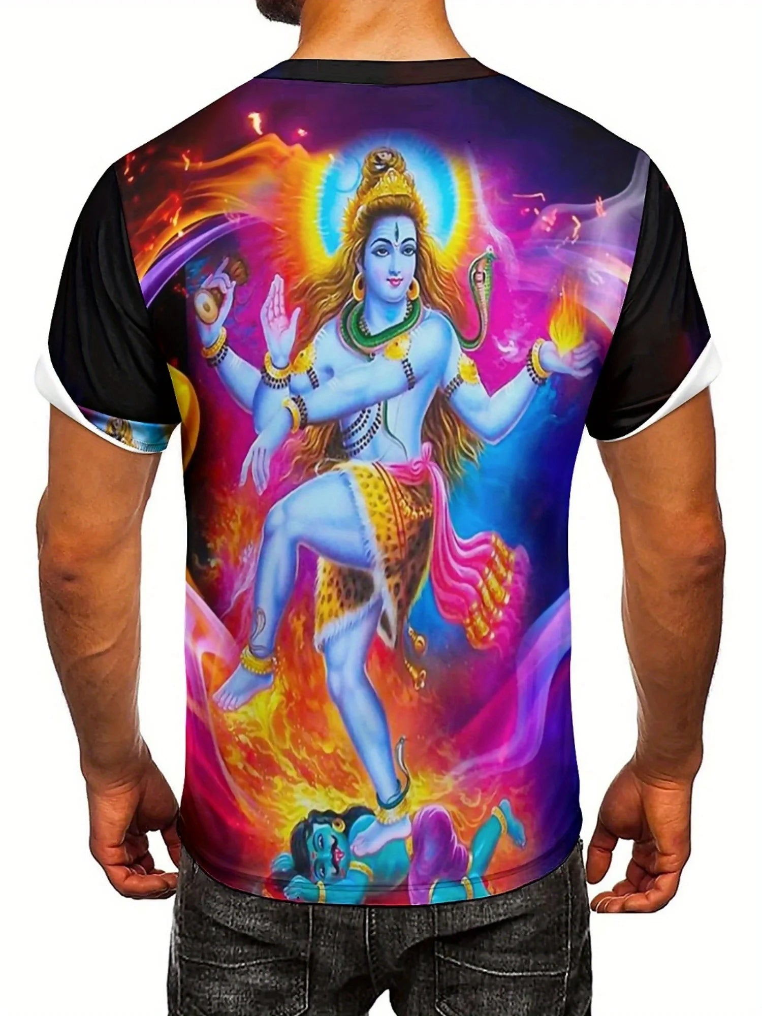 Men'S Vibrant Hindu Deity Graphic T-Shirt - Soft Polyester, Short Sleeve, Round Neck, Casual & Comfortable Fit