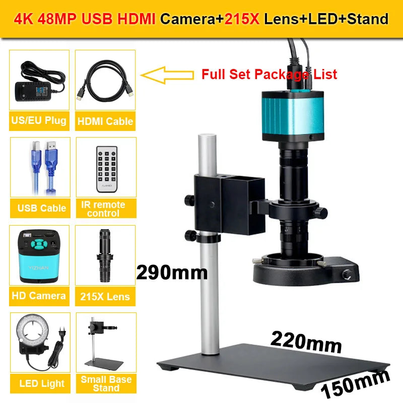 130X 150X 180X 215X C-Mount Zoom Lens Electronic Digital Microscope 4K 48MP HD Video Recording Industrial Cameras Repair Tools