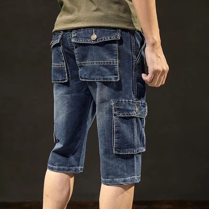 Men's Short Jeans Pants Blue Straight Cargo with Pockets Male Half Denim Shorts Cowboy Designer Stretchable Wih Zipper Stretch