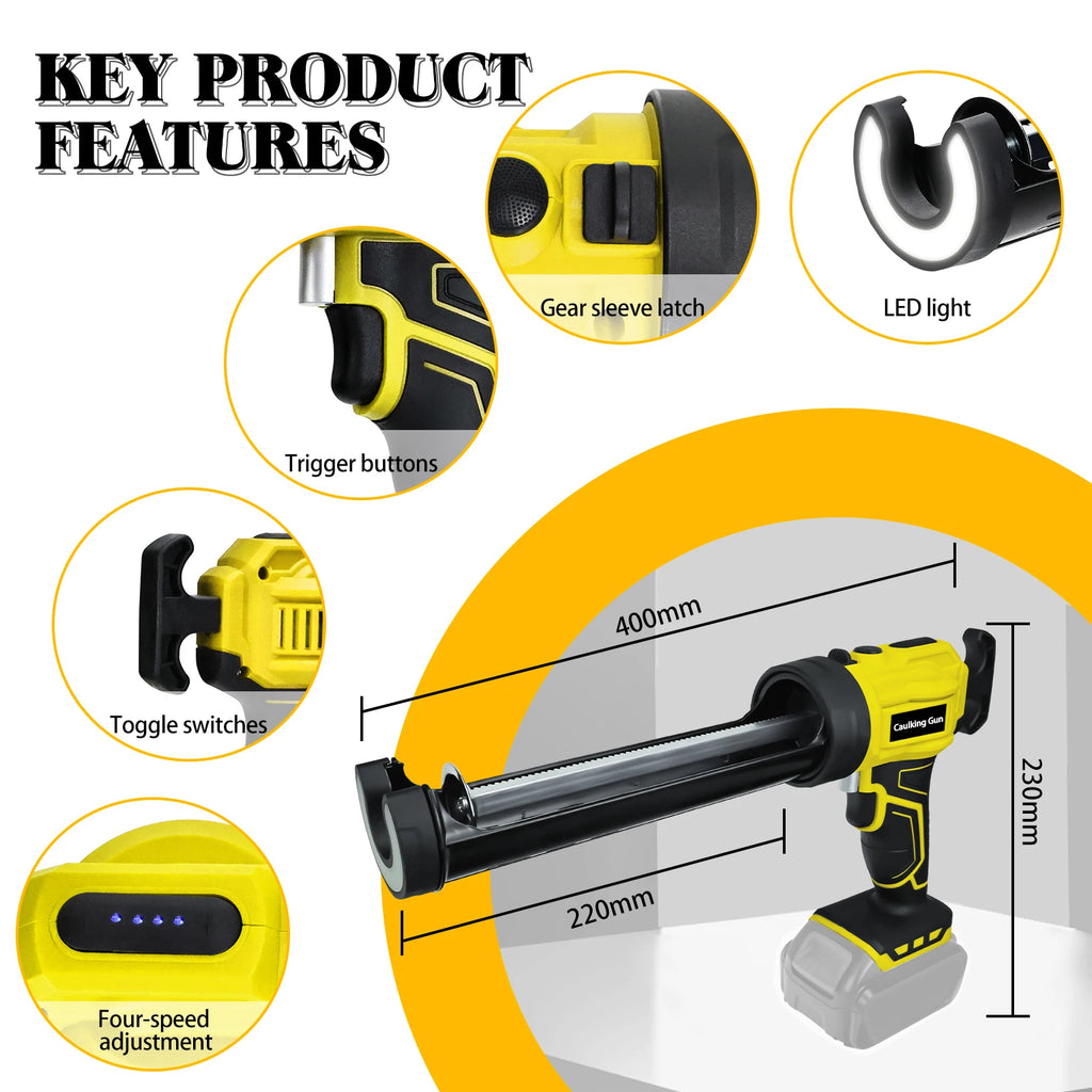 Electric Caulking Gun 10oz/300ml Cordless Caulk Gun 4 Adjustable Speeds with LED Light for Dewalt 20V Battery (No Battery)