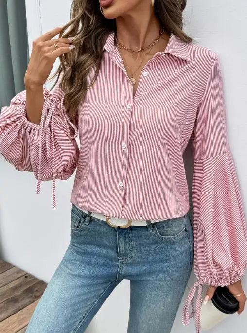 Women's T-Shirt 2025 Fashion 2025 Autumn/winter New Women's Shirt Elegant Commuting Striped Women's Shirt Women's Wear