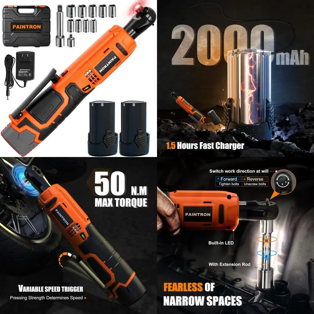 12V Cordless Ratchet Wrench Kit, 3/8 Drive, 50N.m Torque, Variable Speed, 2x 2000mAh Lithium-Ion Batteries, Ideal for Automotive