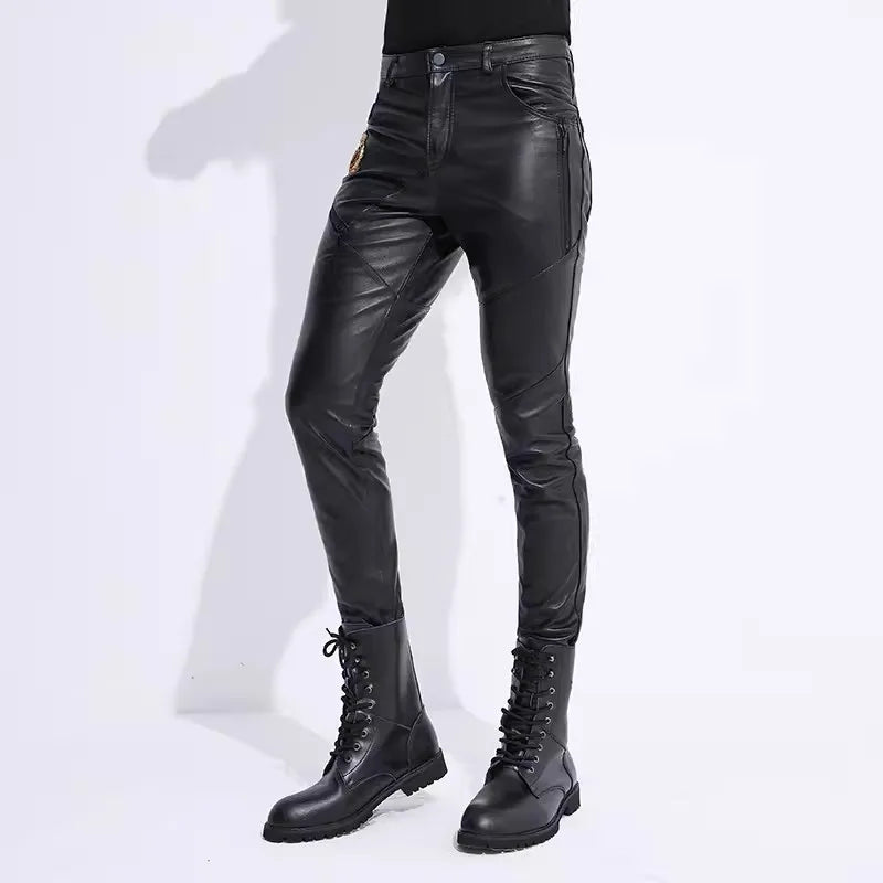 Genuine Sheepskin Leather Pants Windproof Warm Motorcycle Slim Fit Cool Autumn Winter Knight Pants