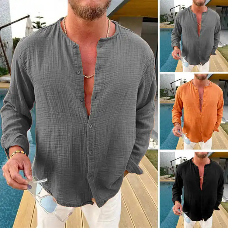 Wrinkled Loose Fit Long Swedi irt with Stand Collar Ice Sensation Cotton Youth Faion oulder Padded Autumn Wear for Men