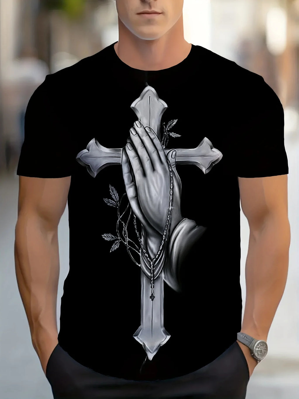Men'S Sports Crew Neck T-Shirt with Cross and Prayer Hand Pattern - 95% Cotton, 5% Spandex,