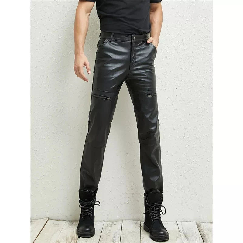 Men's Slim Straight Leather Pants Genuine Cowhide Personality Trousers for Spring And Autumn