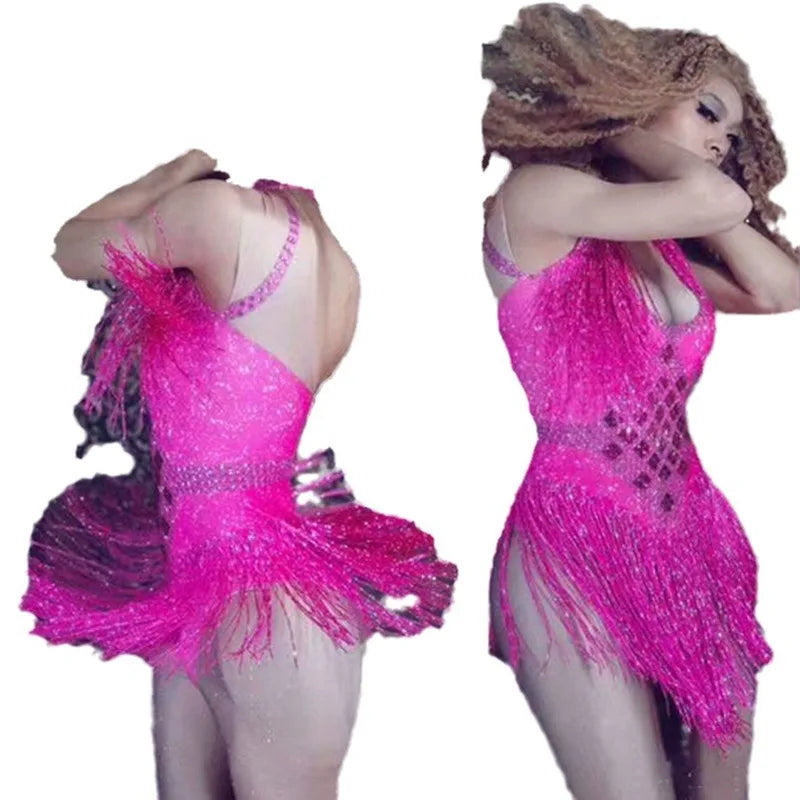 Birthday Party Sexy Stage Show Costume Bar Dj Turtleneck Diamond Fringed Stretch Onesie Skirt Vestidos Elegantes Mujer De Fiesta