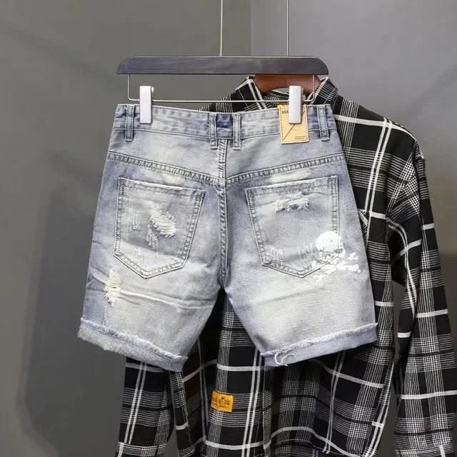 Summer Men's Worn Bead Hole Beggar Stretch Ripped Short Jeans Men Streetwear Korean Fashion Slim Fit Denim Shorts