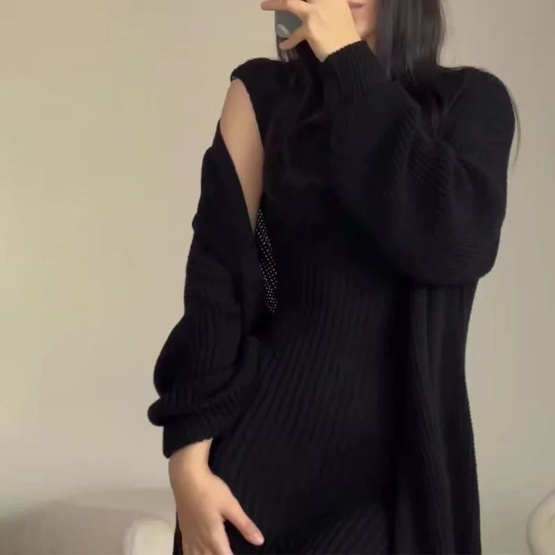 Knitted 2 Piece Sets Women Fashion Cardigan Long Dress Matching Set 2024 Casual Autumn Winter Clothing Womens Outfits Tracksuit