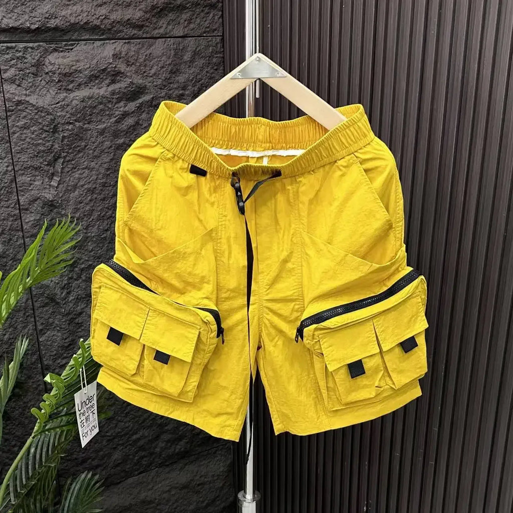 Solid Mens Cargo Shorts Loose with Zipper Elastic Waist Multi Pocket Short Pants for Men Baggy Wide New in Clothes Designer Y2k