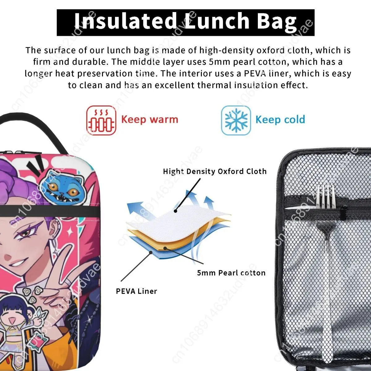 KPOP Demon Hunters Anime Lunch Bag Portable Lunch Box Girls Outdoor Picnic Print Cooler Bag Funny Oxford Tote Food Bags