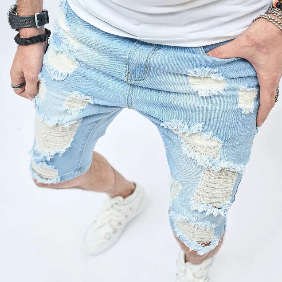 Summer Ripped Shorts Jeans Men's Hip-Hop Denim Pants Stretch Light Blue Fashion Slim Straight Male Denim Shorts