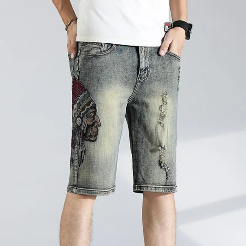 Ripped Graphic Men's Short Jeans Pants Multi Color Male Denim Shorts Hip Hop Korean Fashion Summer Vintage Rude Blue Distressed