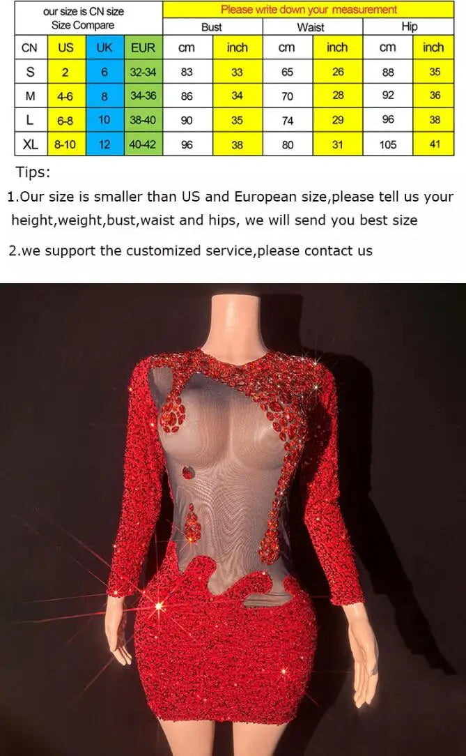 Red Rhinestone Perspective Fashion Sexy Party Dress Bar Nightclub Stage Performance Dress Elegant Party Red Bodycon Sexy Dresses