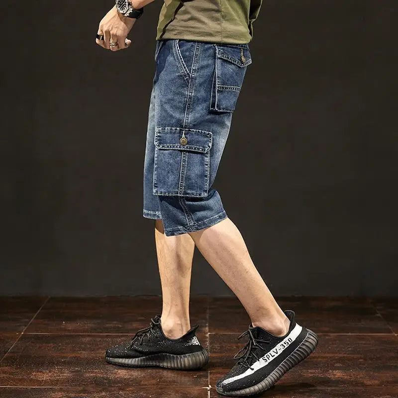 Men's Short Jeans Pants Blue Straight Cargo with Pockets Male Half Denim Shorts Cowboy Designer Stretchable Wih Zipper Stretch