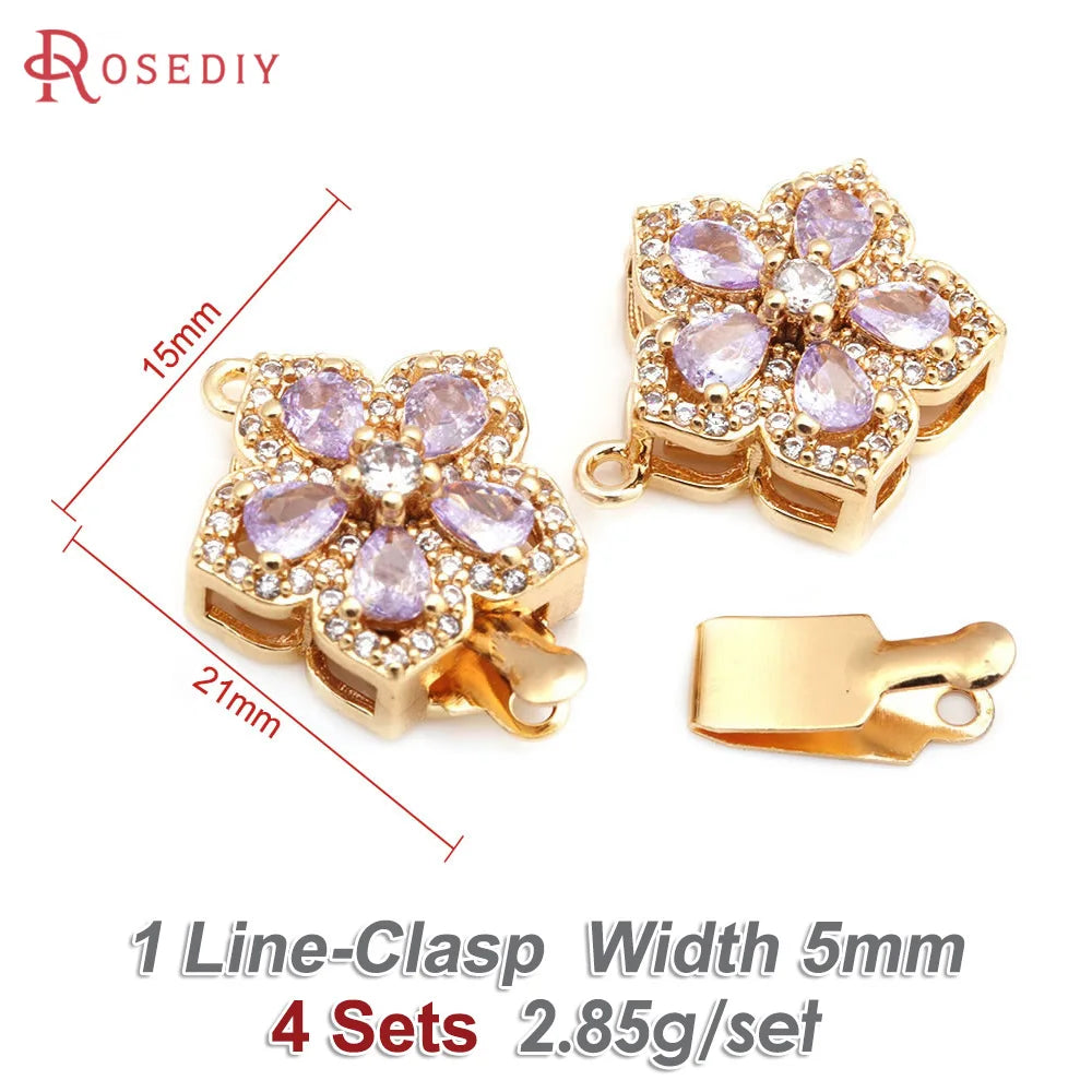 4 Sets Full Size 21x15MM 18K Gold Color Brass Zircon Flower Necklaces Connect Clasps High Quality Diy Jewelry Making Supplies