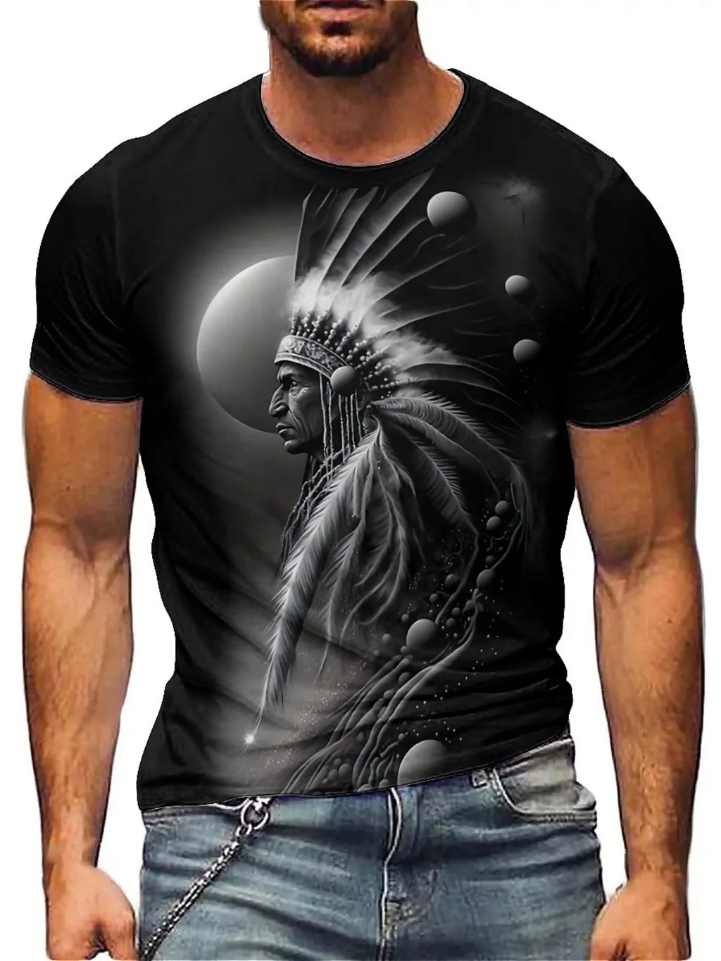 Men's 3D Printed Tribal Chieftain Graphic T-Shirt - Gothic Retro Design, Breathable Polyester, Regular Fit Short Sleeve Tee