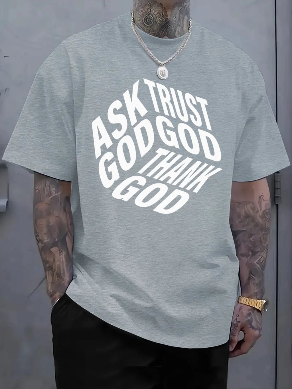 2025 Men'S Casual Pure Cotton T-Shirt Featuring a Bold ASK GOD TRUST GOD THANK GOD Print Design Men'S Outdoor Clothing