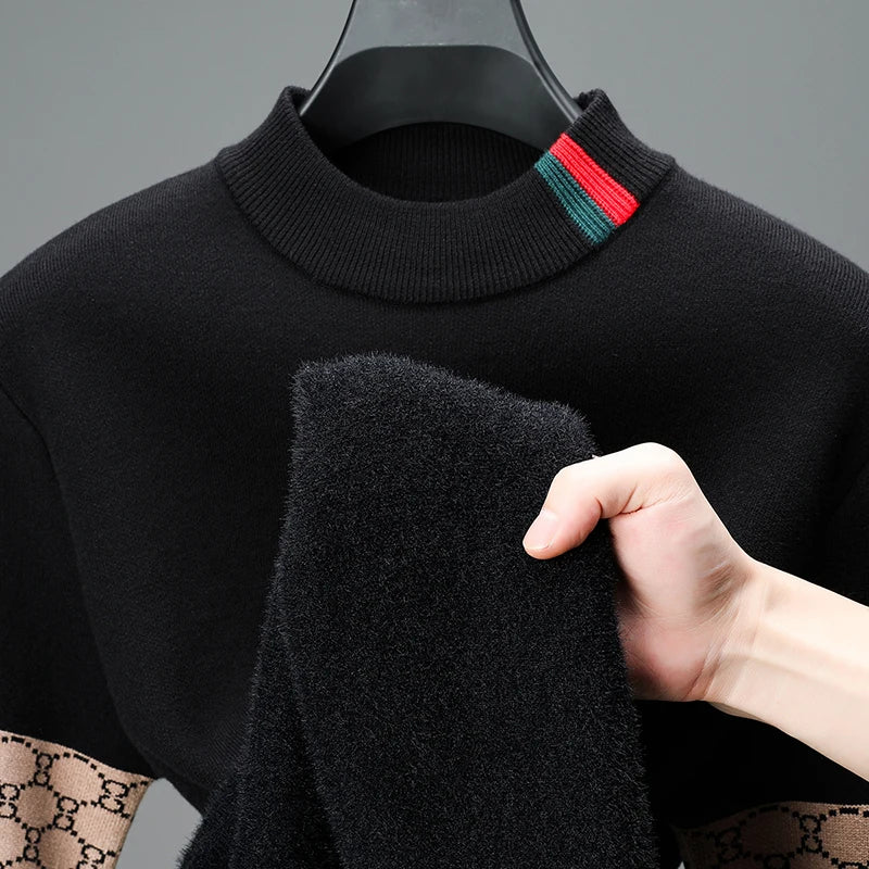 High End Design Men's Pullover O-Neck Velvet Thickened Sweater Winter New Color Blocked Striped Warm Knitted Business Men's wear