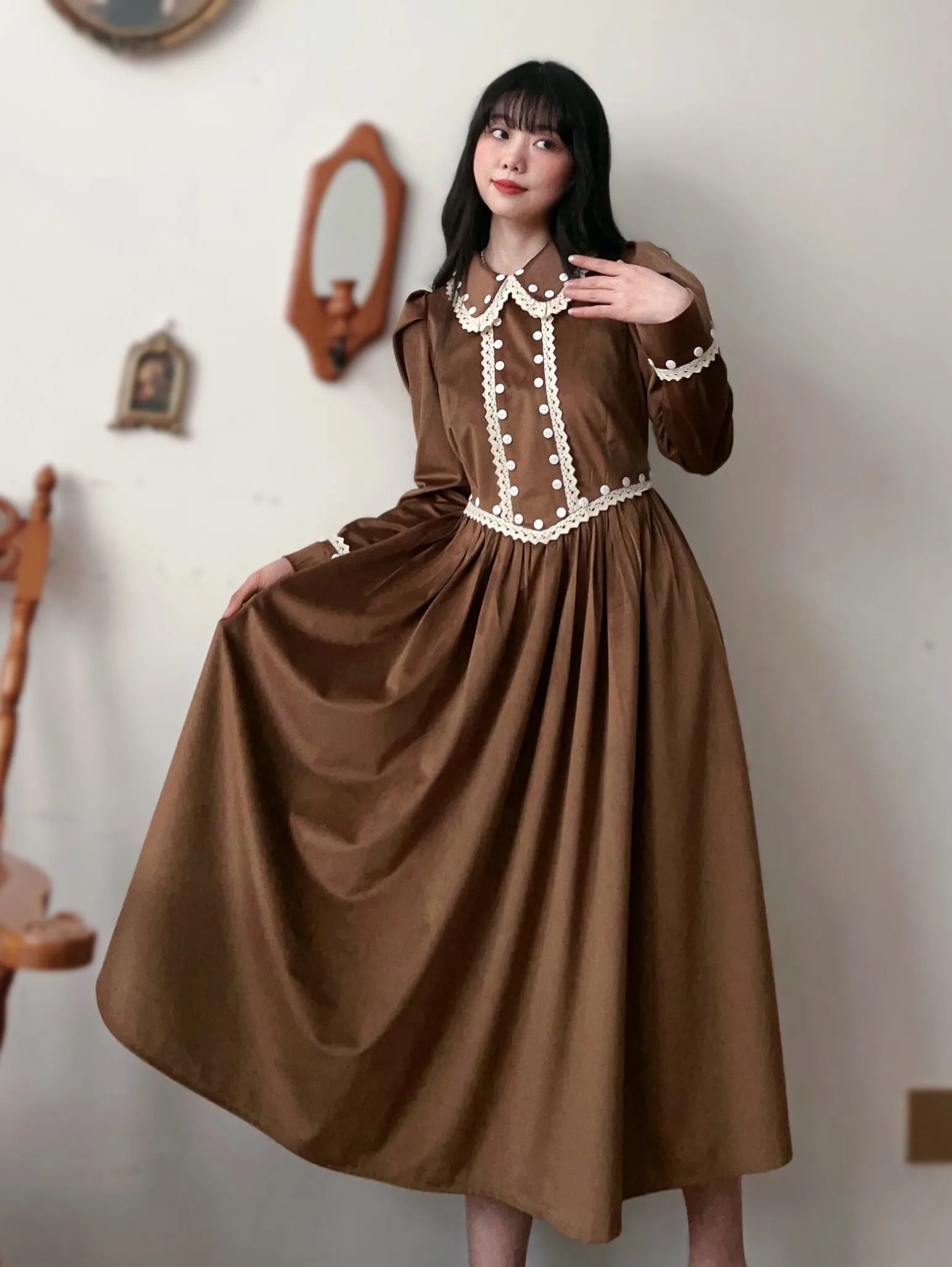 TIYIHAILEY Long Mid-Calf Women Ladies Velvet Dress Long Sleeve Brown S-L Spring Autumn Dresses Turn Down Collar Winter Vintage