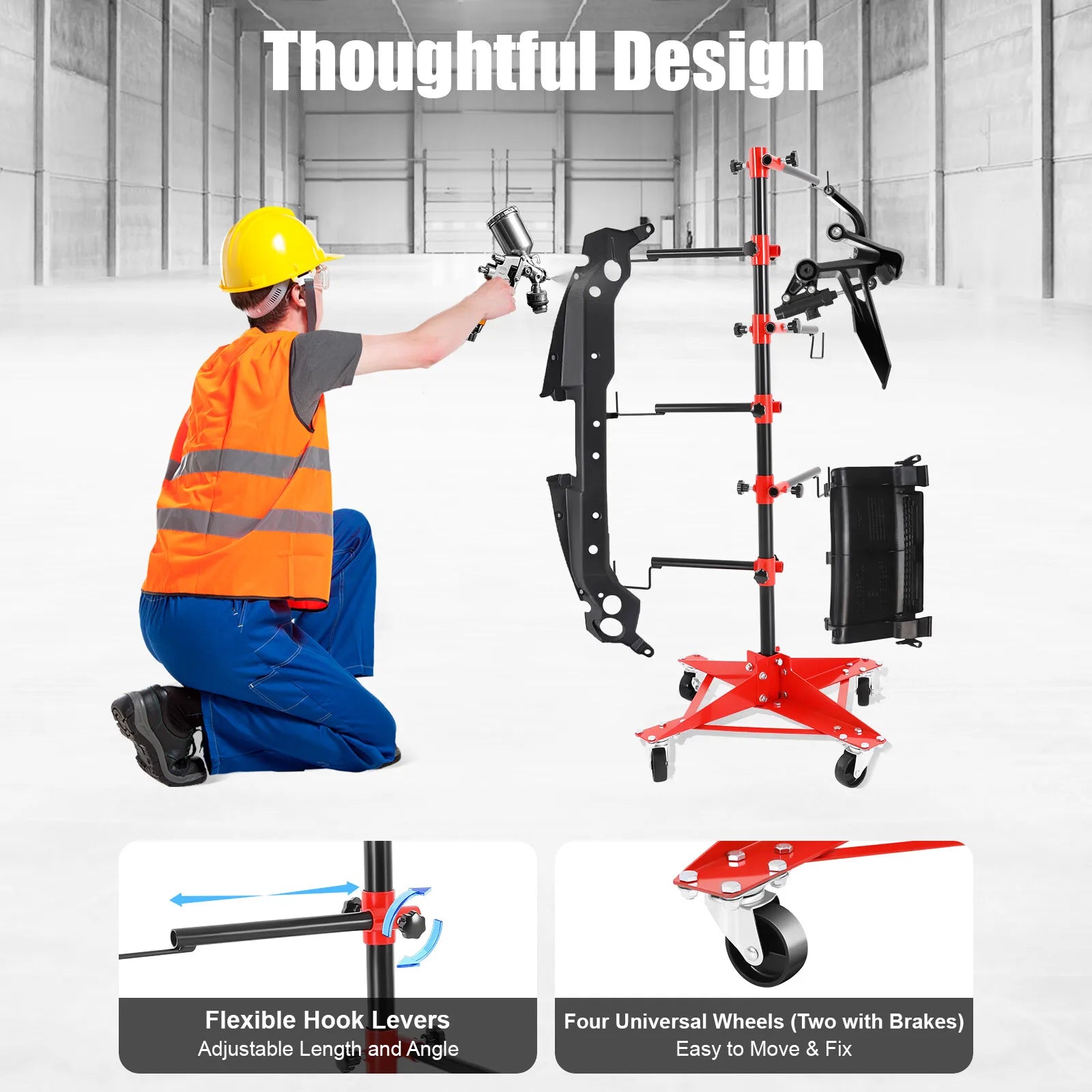 Panel Tree Paint Stand with 6 Adjustable Hooks & 4 Locking Wheels Dual Panel Capacity Heavy Duty Iron for Auto Body Shops