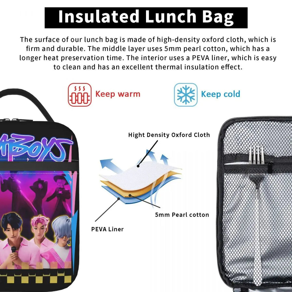 Kpop Demon Hunters Boys Team Retro Style 90s Insulated Lunch Bags Portable Meal Container Cooler Bag Tote Lunch Box Food Handbag