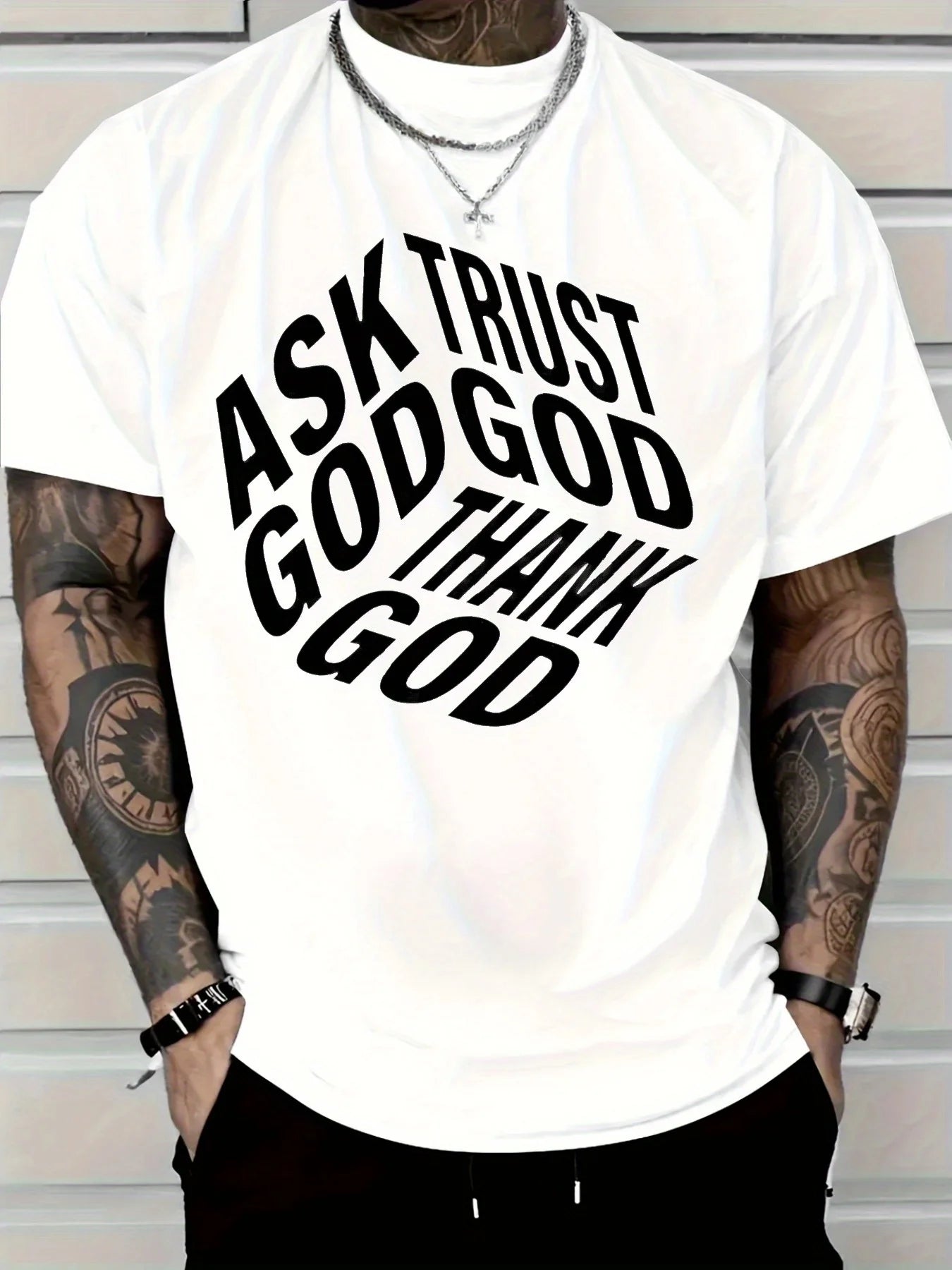 2025 Men'S Casual Pure Cotton T-Shirt Featuring a Bold ASK GOD TRUST GOD THANK GOD Print Design Men'S Outdoor Clothing