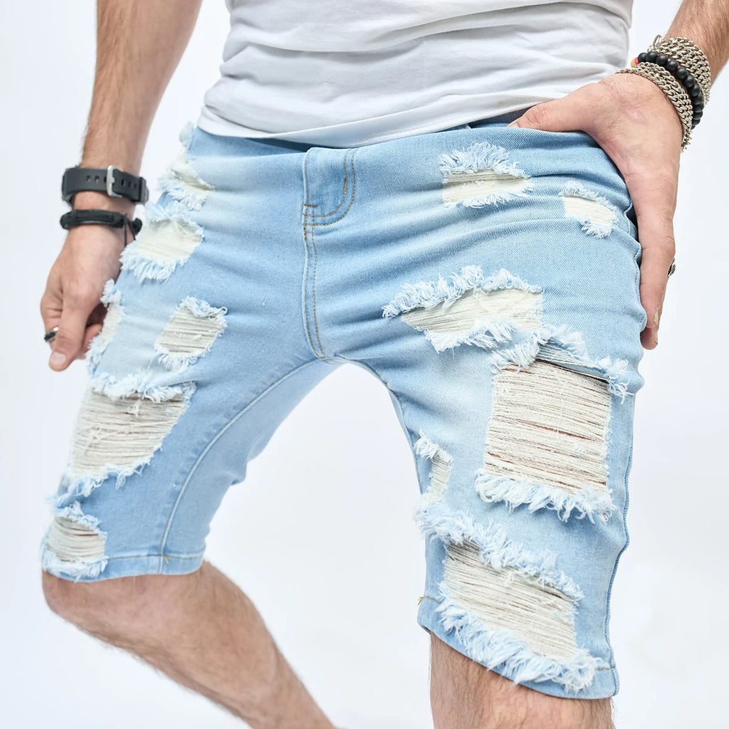 Summer Ripped Shorts Jeans Men's Hip-Hop Denim Pants Stretch Light Blue Fashion Slim Straight Male Denim Shorts