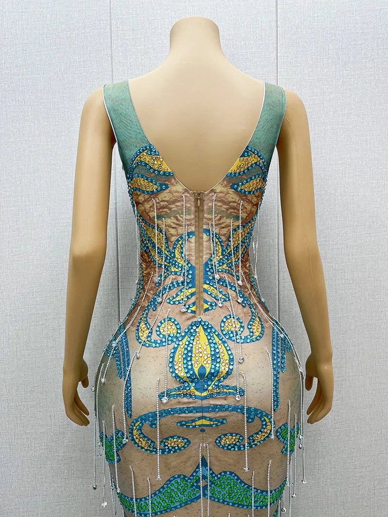 2025 Blue-green White Temperament Deep V Rear Split Dress Bar Nightclub Dancing Activity Dance Performance Clothes Signing Party