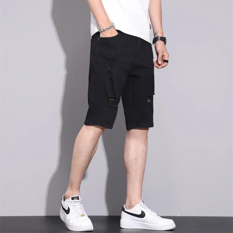 New Summer Men Casual White Denim Shorts White Fashion Ripped Straight Pants Stretch Slimsoft Male Knee Length Hole Short Jeans