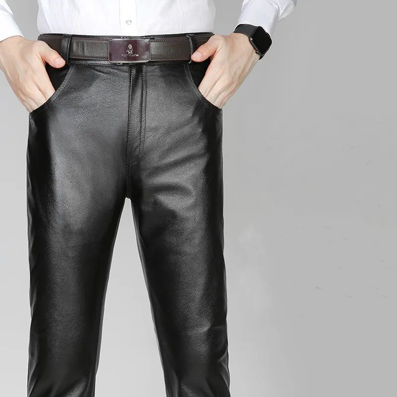 Men's Black Genuine Cowhide Leather Pants Straight Casual Trousers for Youth Autumn Winter Fashion Outerwear
