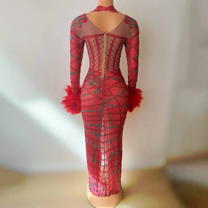Bar Singer Costume Red Feathers Sexy Temperament Evening Dress Nightclub Model Catwalk Dancing Banquet Dinner Robe Cocktail Luxe