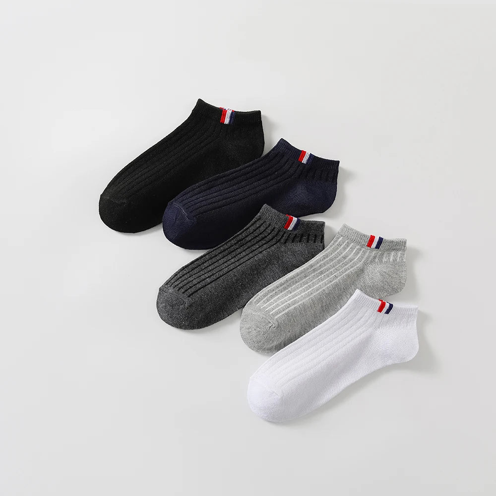 5pairs Men's Fashion Sports Socks, Striped Cotton Sweat Absorption Breathable Comfortable Ankle Socks