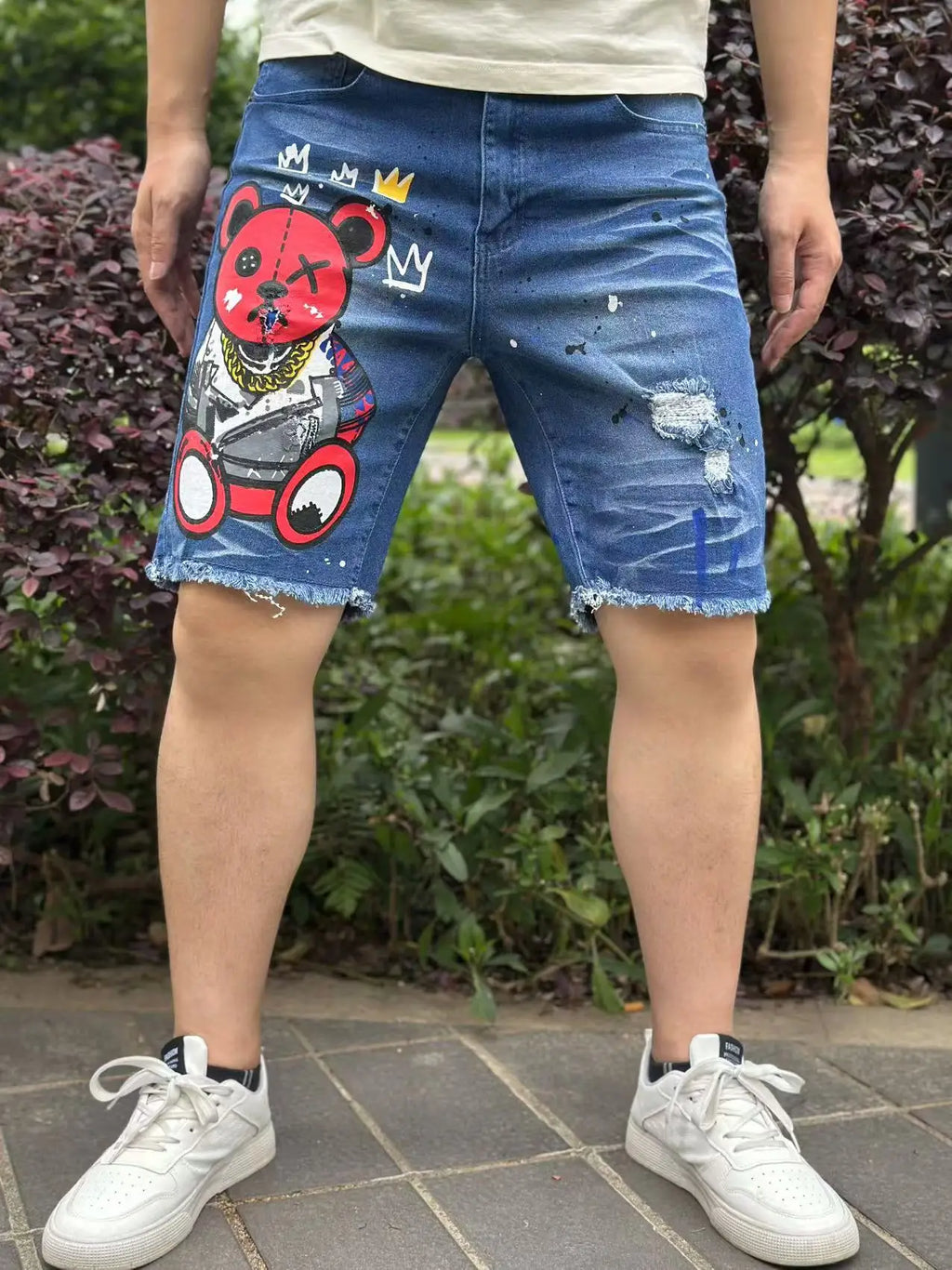 Y2K  Fashionable men's short denim pants with unique devilish pattern    Summer bestseller   three styles to choose from