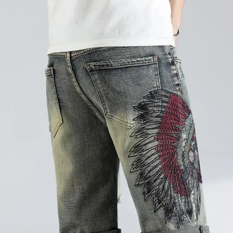 Ripped Graphic Men's Short Jeans Pants Multi Color Male Denim Shorts Hip Hop Korean Fashion Summer Vintage Rude Blue Distressed