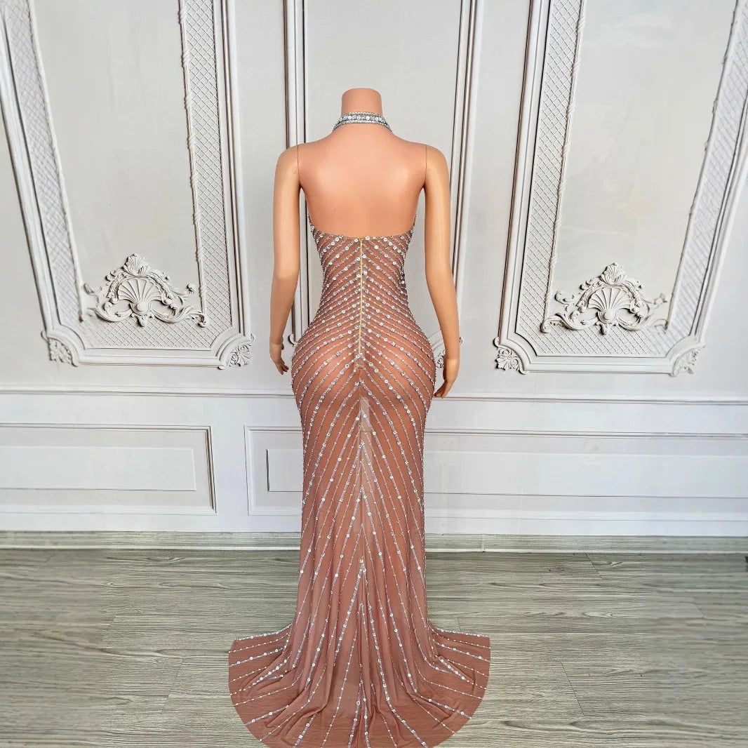 2025 Performance Clothes Female Group Rhinestone Waist Mesh Long Trailing Skirt Guest Model High-end Light Luxury Banquet Dress