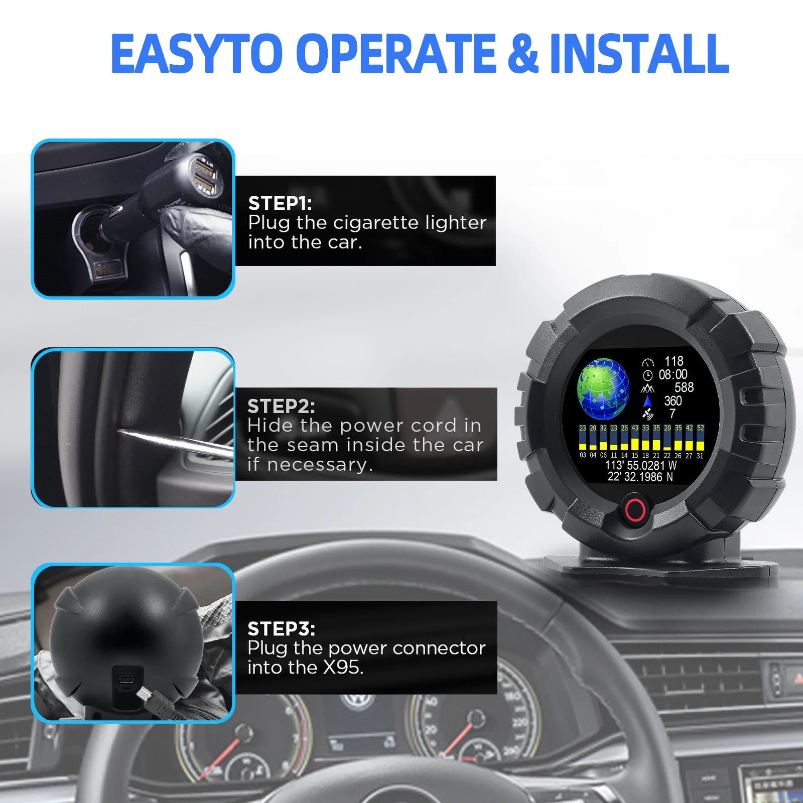 X95 Car Inclinometer Slope Meter Off-road GPS Head Up Display Digital Speedometer Car Pitch Slope Angle Speed Altitude Latitude