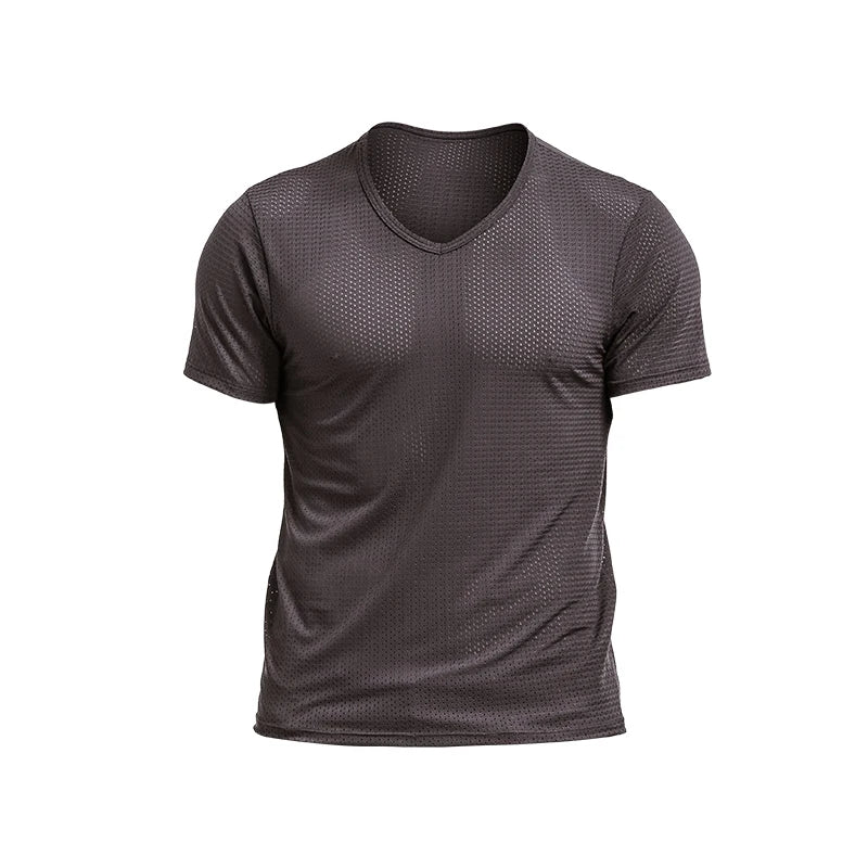 2PCSIce silk mesh T-shirt for men, breathable mesh with perforated fabric, sports and fitness, dry, loose V-neck, trendy m