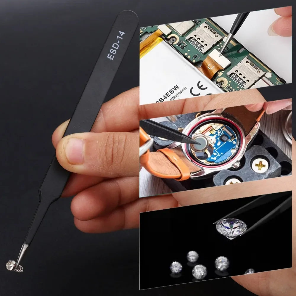 Precision Tweezers Set ESD Stainless Steel Anti-static Tweezers PCB Repair Tools for Electronics Repair Soldering Craft Tools