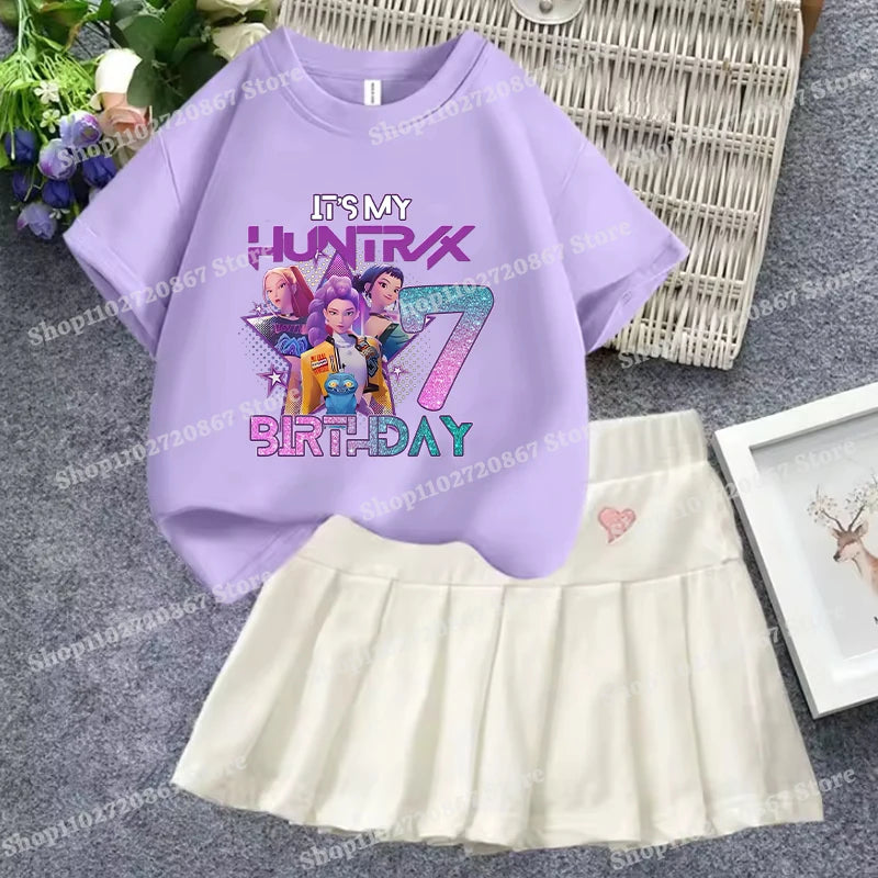 KPop Demon Hunterss T-shirt Short Skirt Set Girl Cartoon Anime Short Sleeve A-line Skirt 2-piece Children Loungewear Dress Gifts