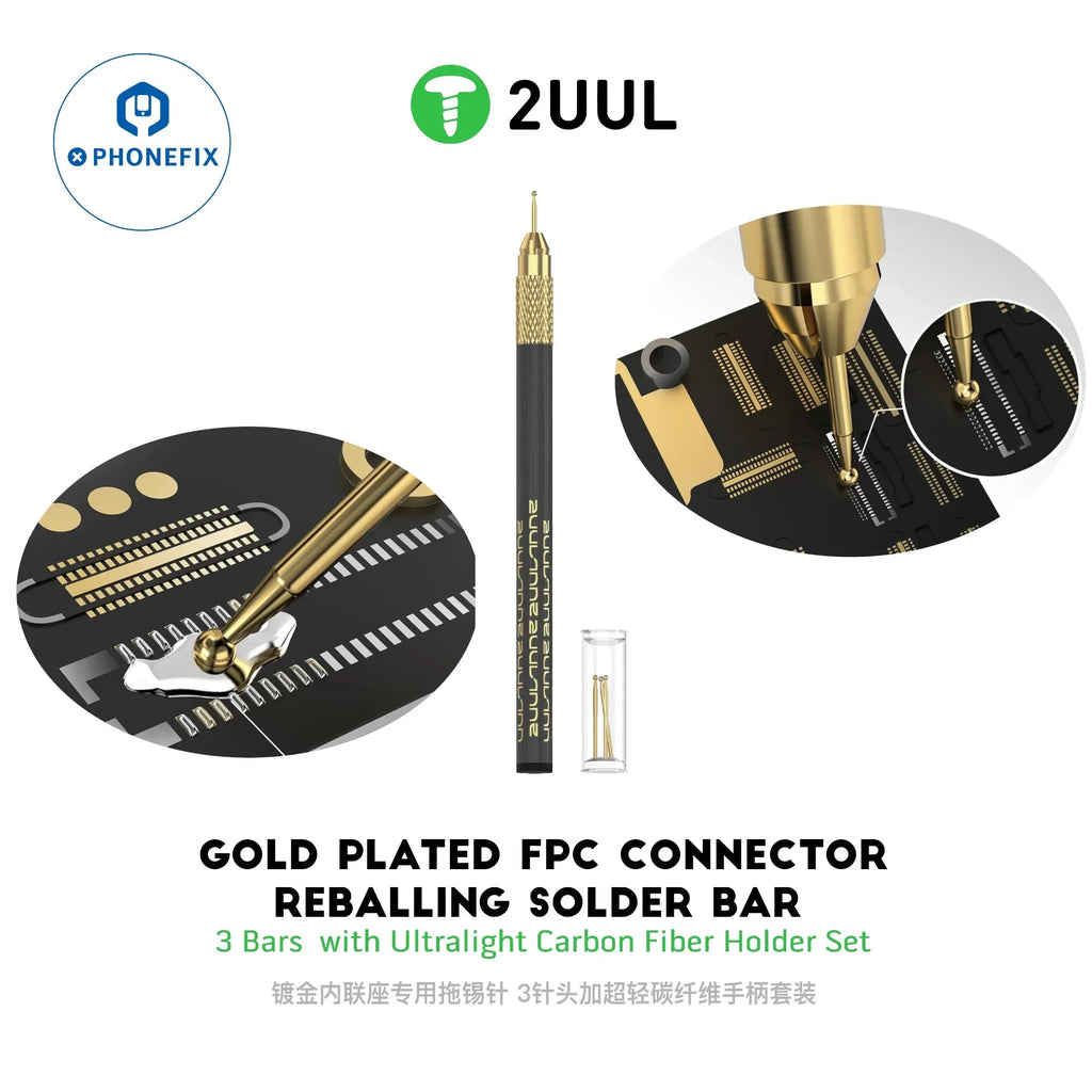 2uul SC98 Gold Plated FPC Tin Dragging Needle Connector Reballing Solder Bars with 3pcs Carbon Fiber Tin Sucktion Tool Set