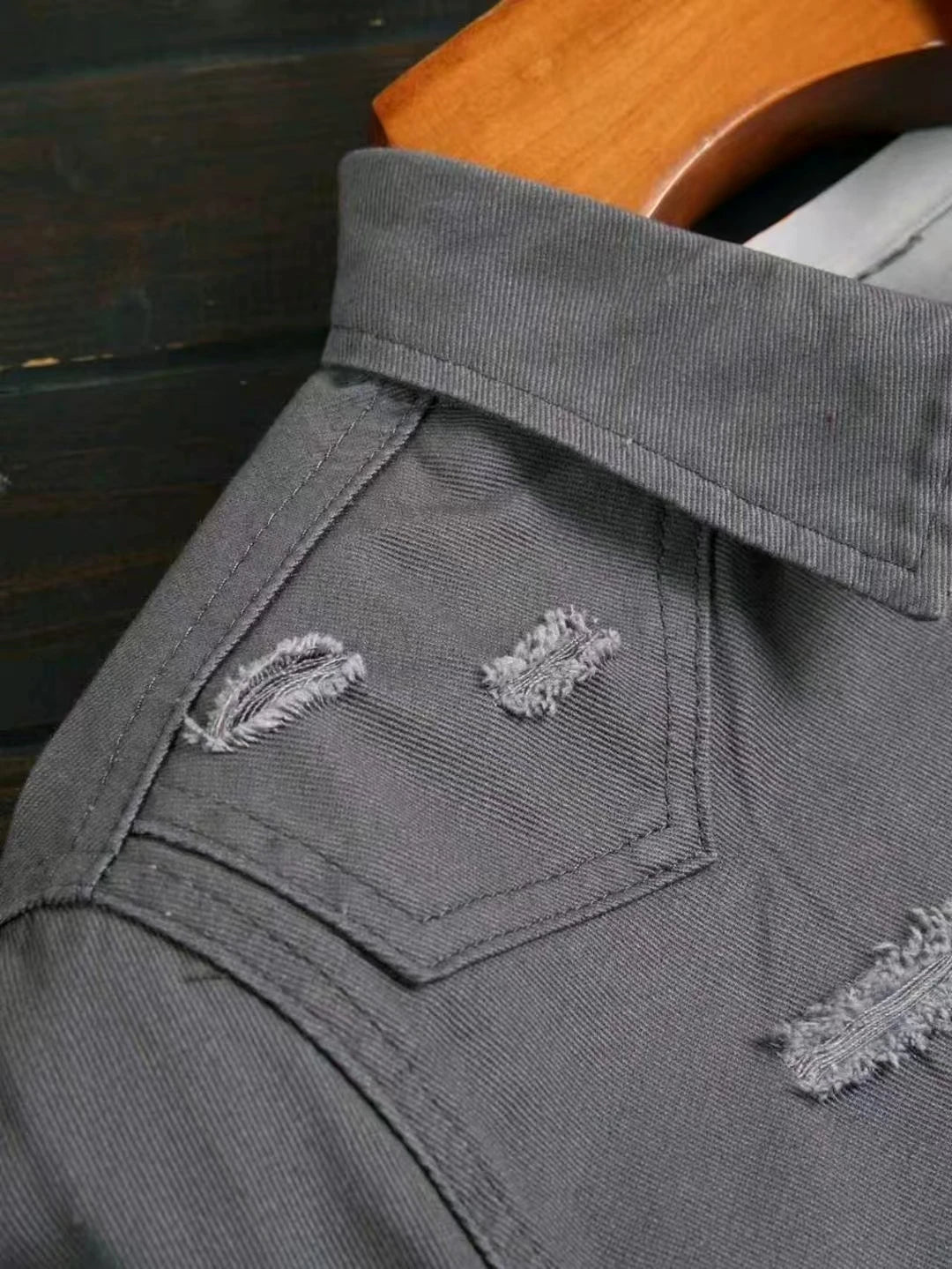 Men's Summer Dark Gray Ripped Short-Sleeve Denim Shirt, featuring a lapel collar and double pockets to retain the workwear style