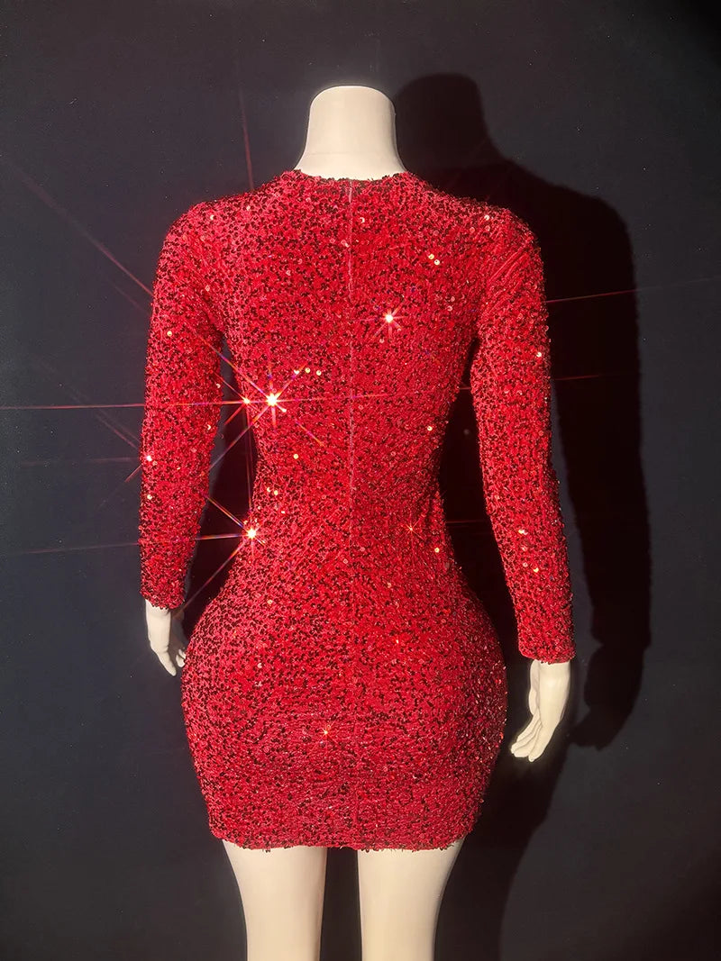 Red Rhinestone Perspective Fashion Sexy Party Dress Bar Nightclub Stage Performance Dress Elegant Party Red Bodycon Sexy Dresses