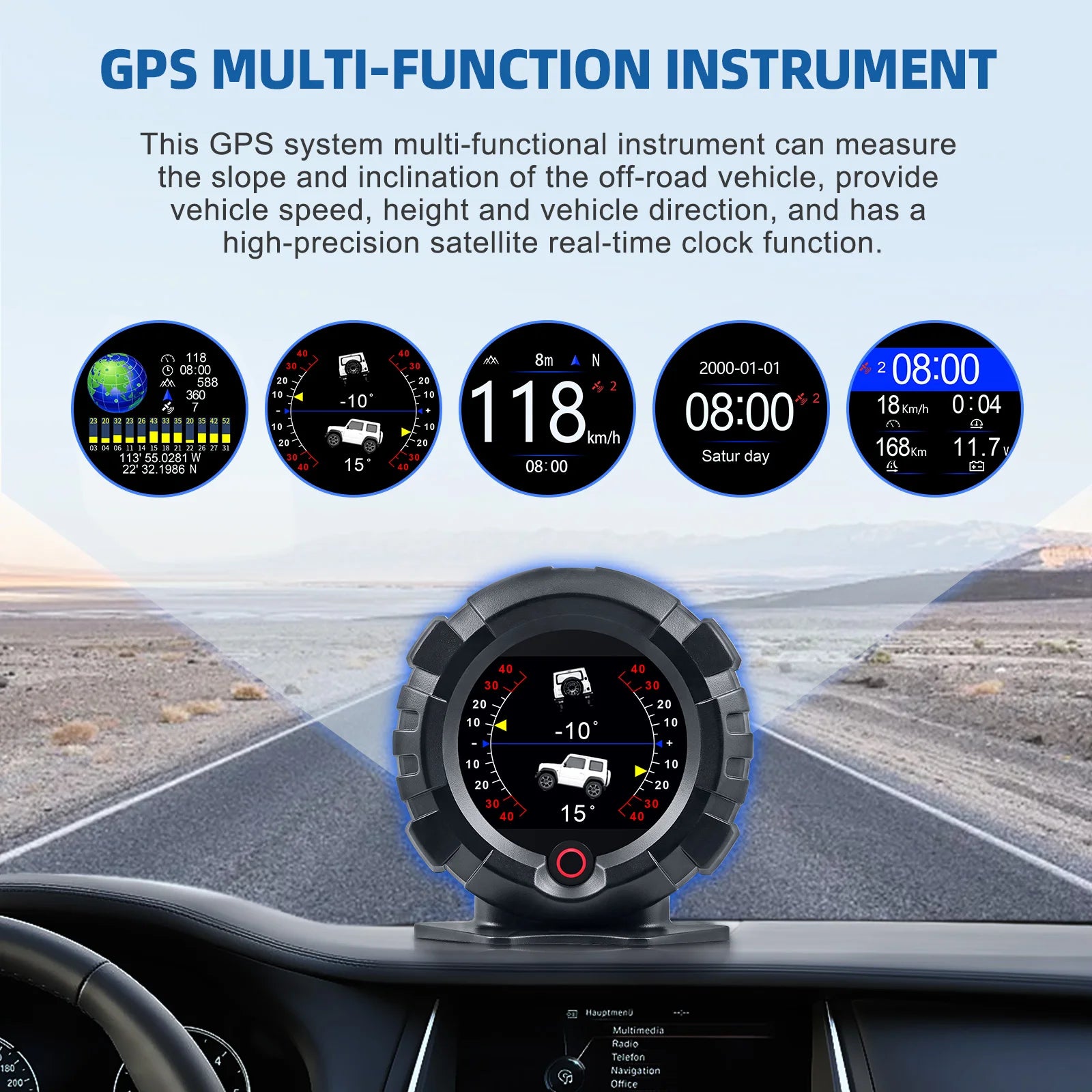 X95 Car Inclinometer Slope Meter Off-road GPS Head Up Display Digital Speedometer Car Pitch Slope Angle Speed Altitude Latitude