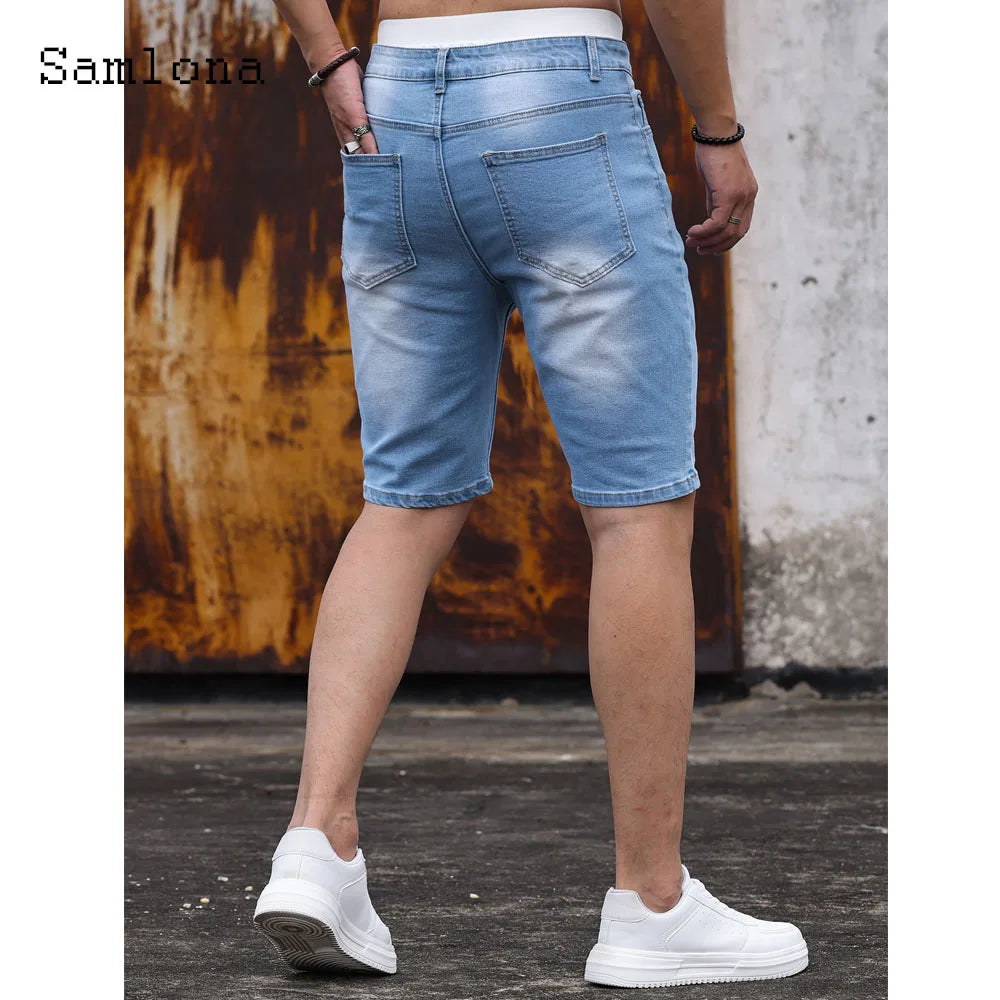 2024 America Europe Fashion Zipper Pocket Bottom Men Patchwork Denim Shorts Mens Vintage Slim Short Jeans Mid Waist Demin Shorts