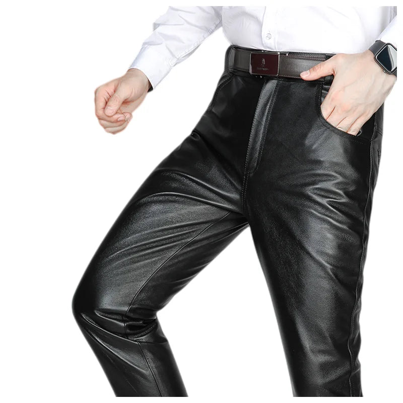 Men's Black Genuine Cowhide Leather Pants Straight Casual Trousers for Youth Autumn Winter Fashion Outerwear