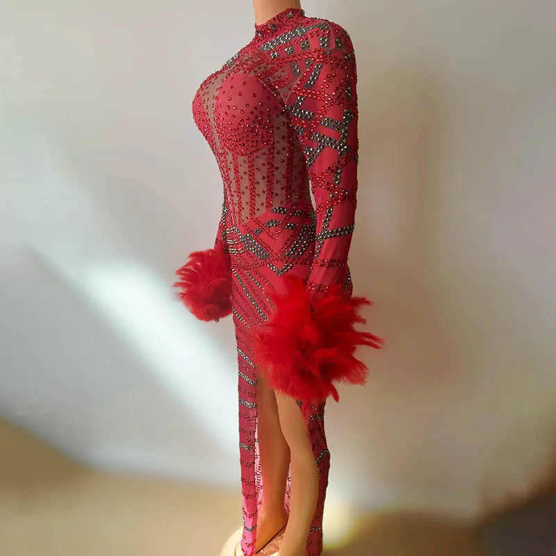 Bar Singer Costume Red Feathers Sexy Temperament Evening Dress Nightclub Model Catwalk Dancing Banquet Dinner Robe Cocktail Luxe