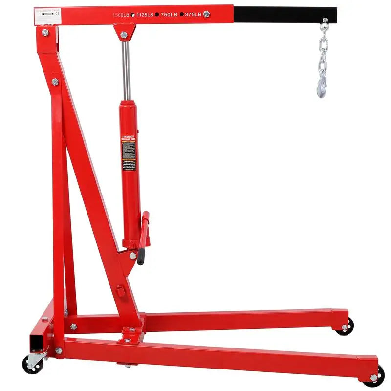 1500 lbs Folding Engine Hoist Cherry Picker Crane Lift, Heavy Duty Steel with 4 Caster Wheels, Red Color, Shop Equipment