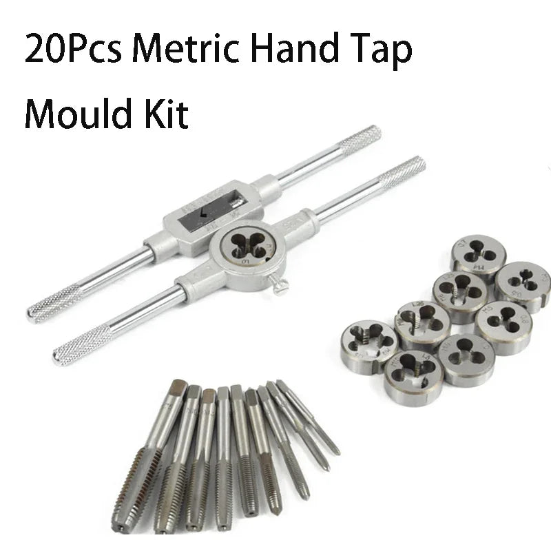 20Pcs Metric Hand Tap and Die Set Multifunction M3-M12 Screw Thread Plugs Straight Taper Reamer Tool Tapping and Thread Tools